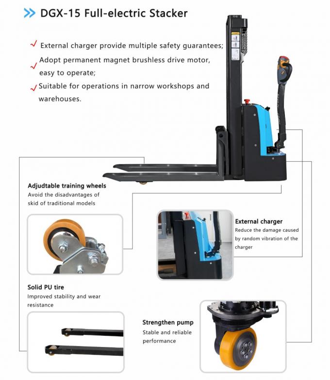 Người đi bộ đứng trên pallet stacker đầy đủ điện pallet stacker tiếp cận walkie stacker 0